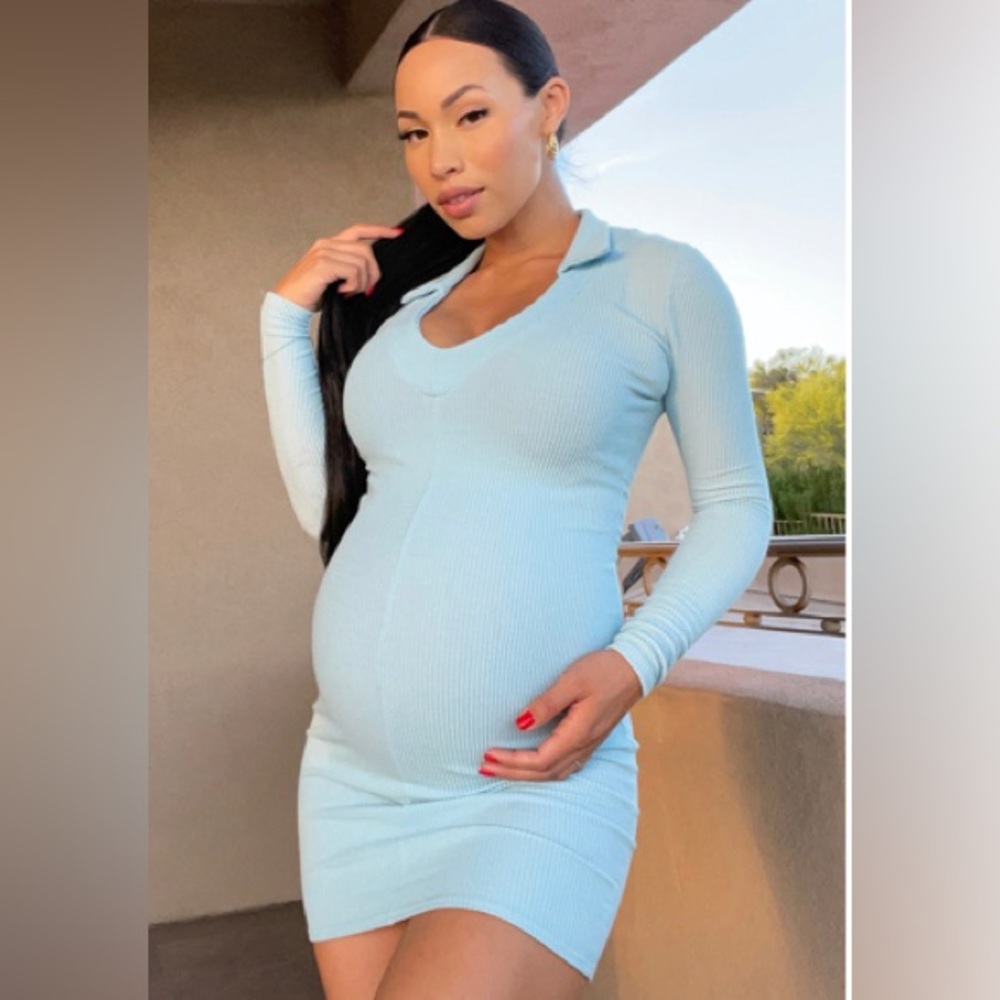 Pretty Little Thing Maternity Baby Blue Plunge Polo Neck Mini Dress